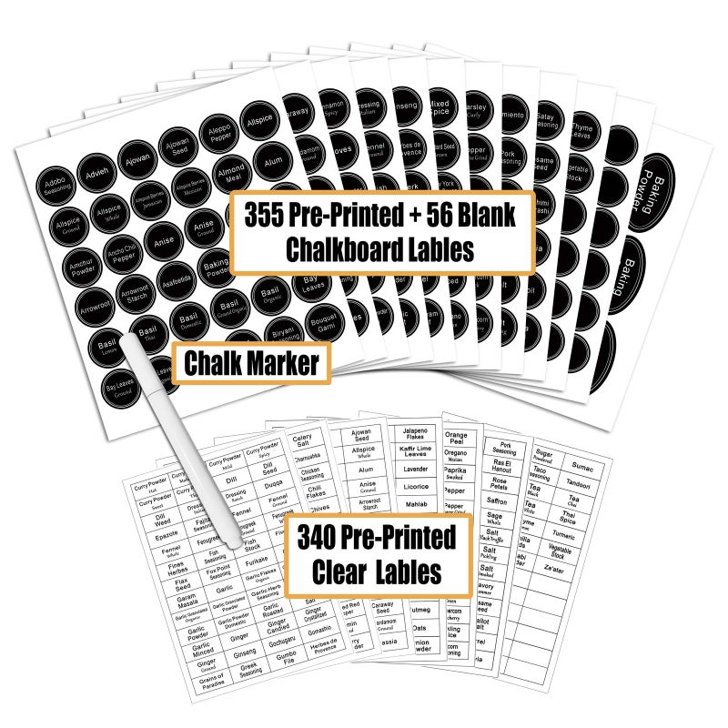 SWOMMOLY 771 Printed Spice Jar Labels with Extra Write-on Labels, Pantry Stickers and Chalk Marker Pen. Chalkboard and Transparent Set - Image 2
